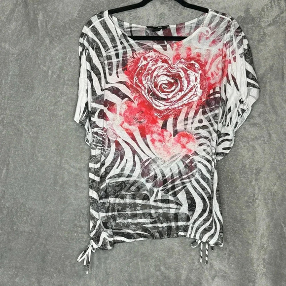 Style & Co. Tops - Style & Co 1X Shirt Top Black Floral Striped Short Sleeve Scoop Neck Ruched Knit